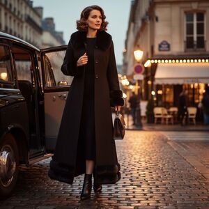 Ashro Wool Blend Coat Faux Fox Fur Collar Cuff Hem Button Up Long Coat Black 10